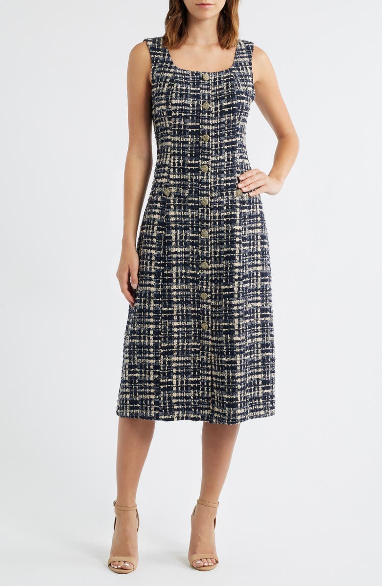 ZOE AND CLAIRE Tweed Fit & Flare Midi Dress, Main, color, Navy Multi