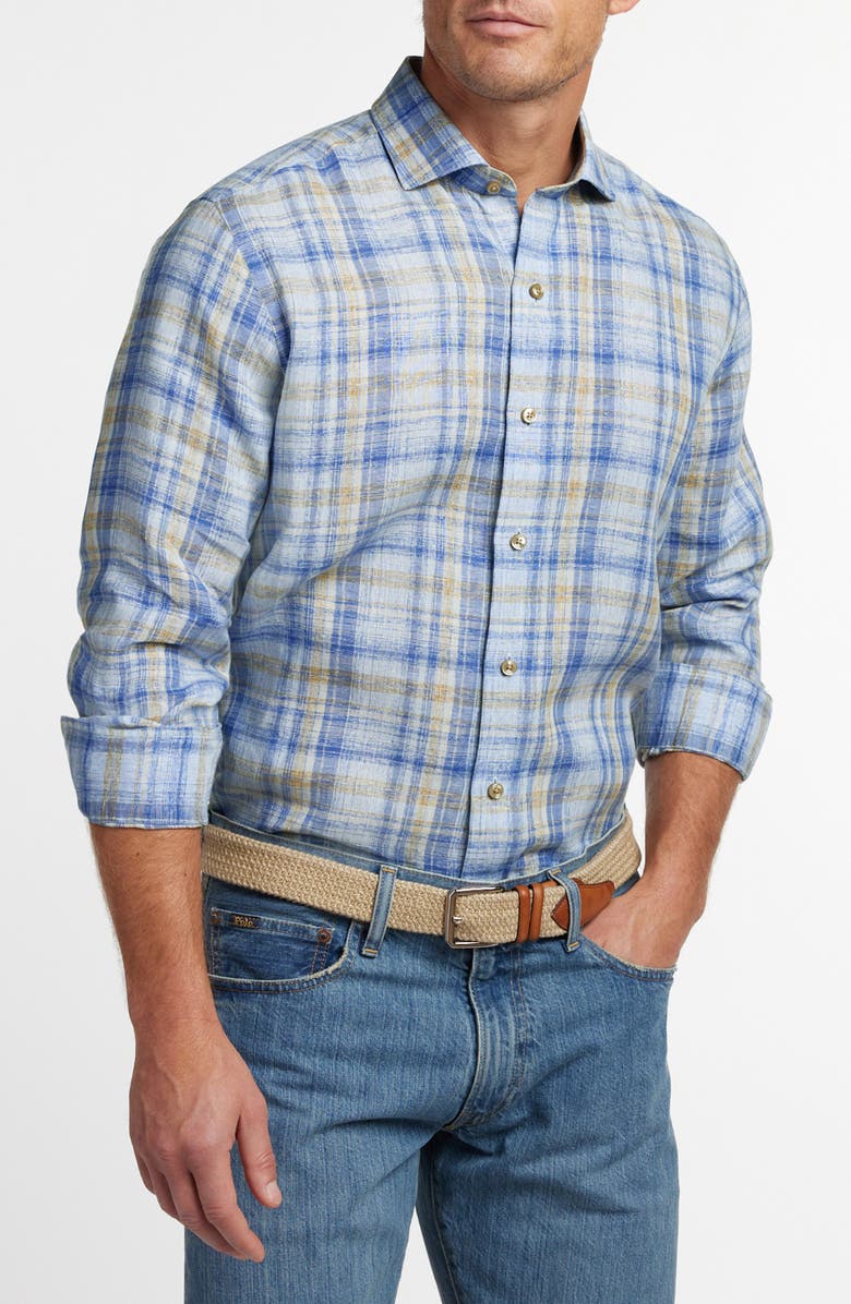 David Donahue Linen Check Sport Shirt, Alternate, color, Blue/ Dune