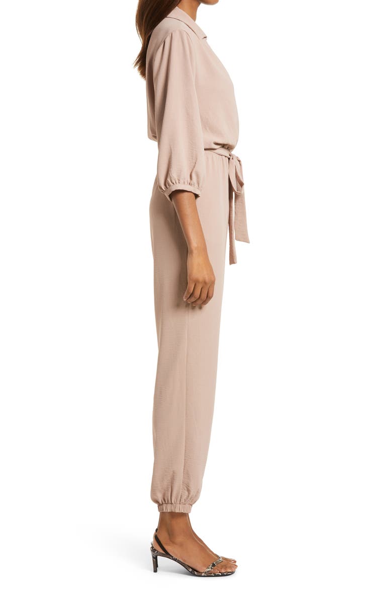 Tie Waist Long Sleeve Jumpsuit, Alternate, color, BEIGE/ KHAKI