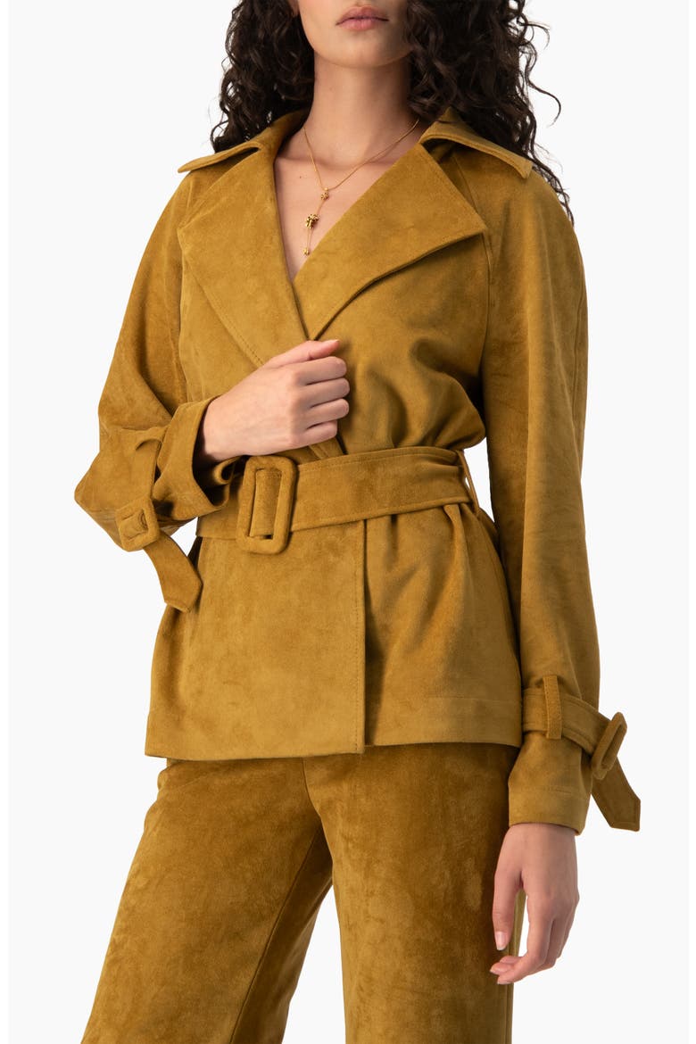Faux-Suede Belted Wrap Jacket with Tie Cuffs, Main, color, Khaki