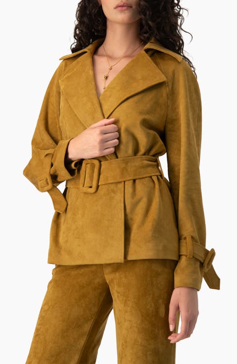 Faux-Suede Belted Wrap Jacket with Tie Cuffs