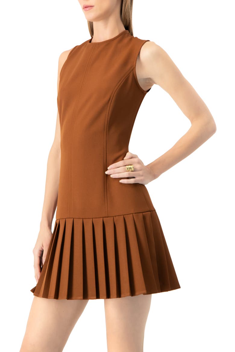Pleated Short Dress, Alternate, color, Brown