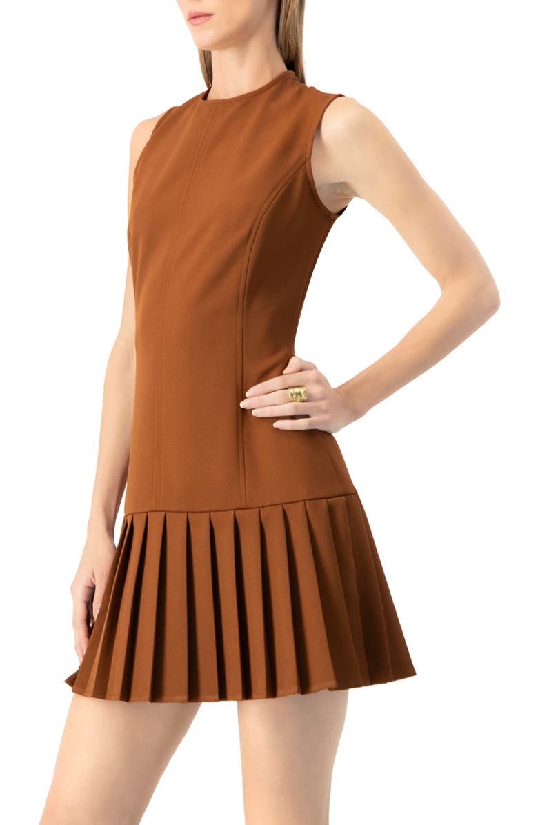IVONNE Pleated Short Dress, Alternate, color, Brown