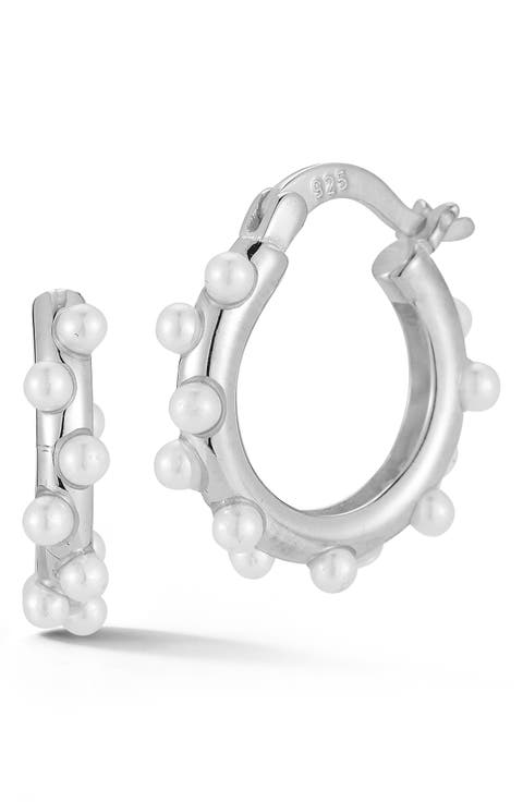 Rhodium Plated Sterling Silver 2.3mm Cultured Pearl Huggie Hoop Earrings