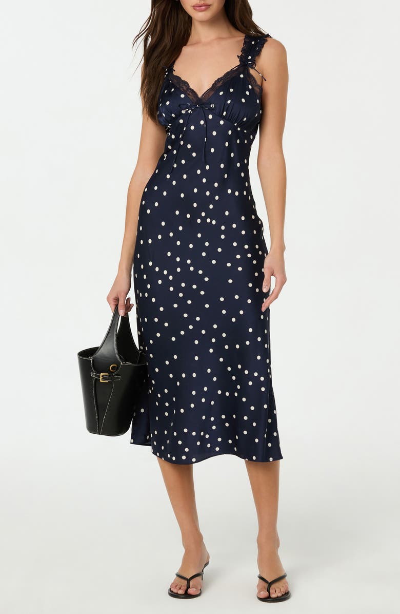 ASTR the Label Lace Trim Satin Slipdress, Alternate, color, Navy Polka Dot