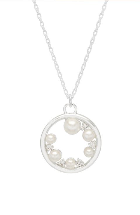 Faux Pearl & Crystal Circle Pendant Necklace