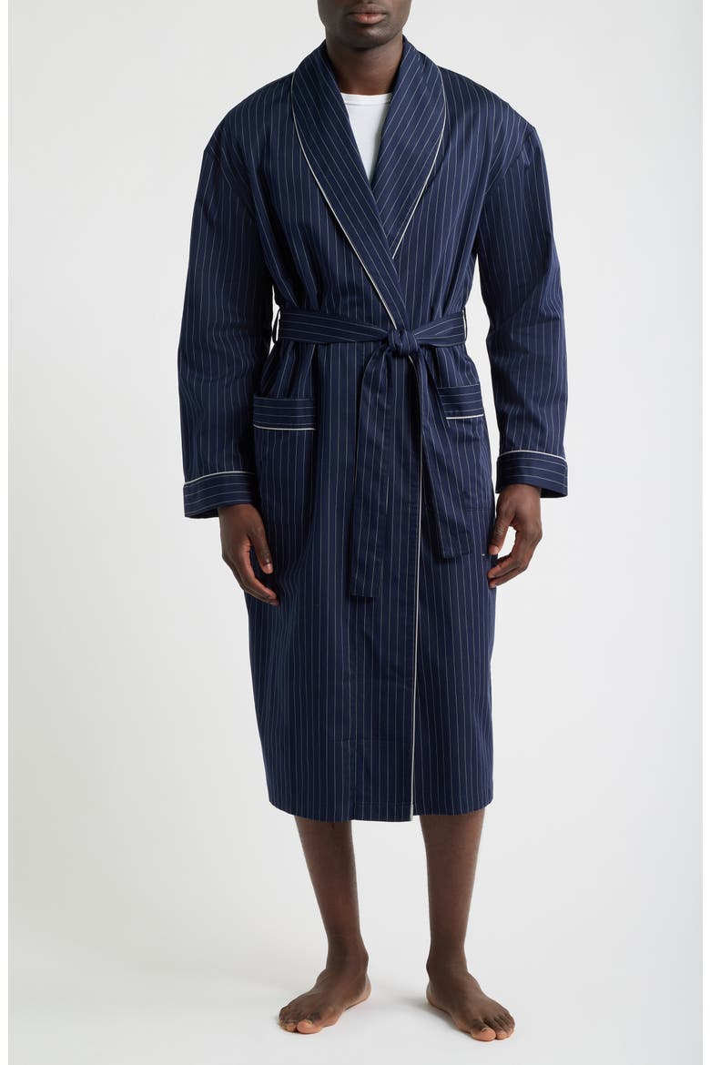 Chalkstripe Cotton Sateen Shawl Robe, Main, color, NAVY