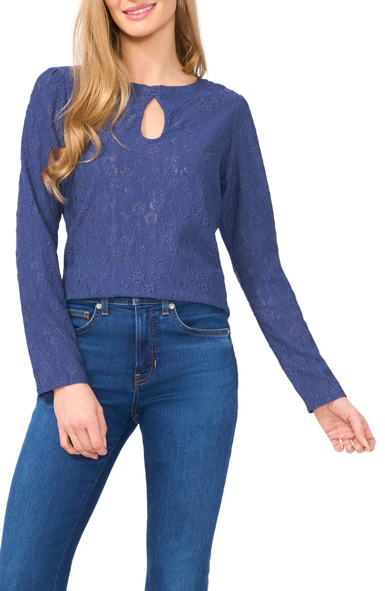 CeCe Embroidered Floral Keyhole Neck Top, Main, color, Ocean Blue