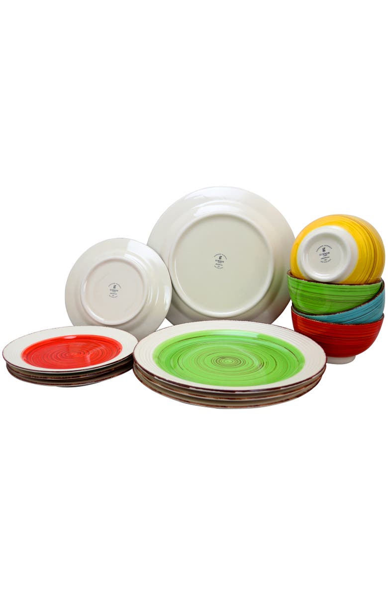 Gibson Home Confetti Band 12 piece Mix and Match Ceramic Dinnerware Set, Alternate, color, Assorted