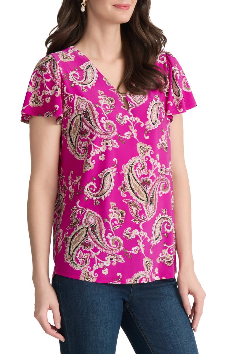 Jones New York Paisley Flutter Sleeve Top, Alternate, color, Bright Orchid Multi