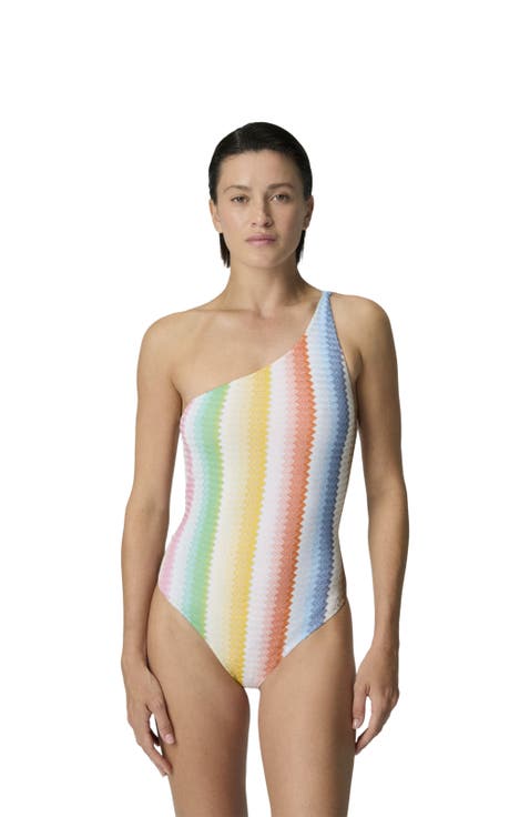 One-shoulder One-piece Swimsuit With Dégradé Zigzag Pattern
