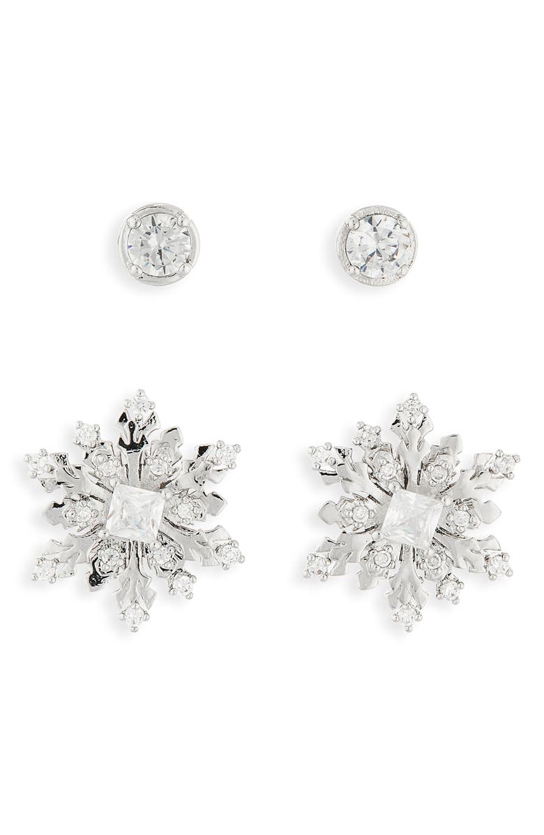 Nadri Set of 2 Snowflake Stud Earrings, Alternate, color, Rhodium