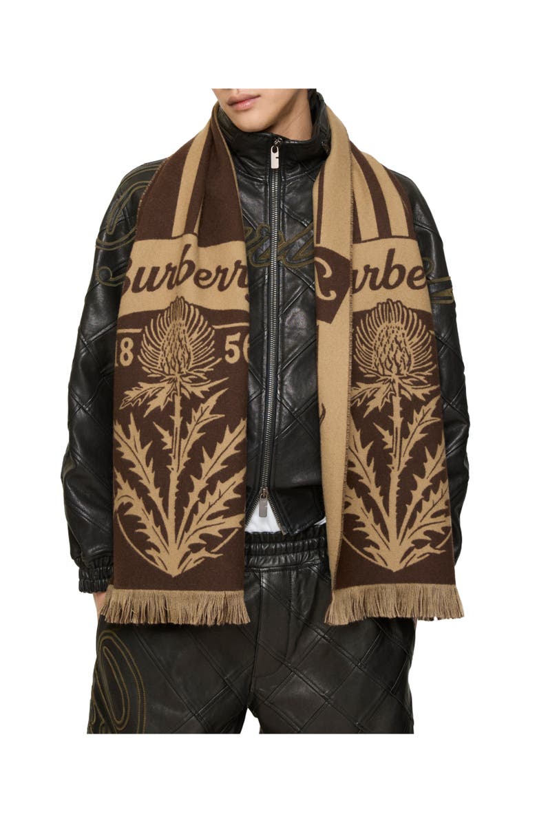 Burberry Thistle Shield Wool Scarf, Alternate, color, Treacle Brown