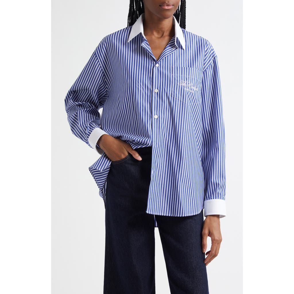 Sporty And Rich Sporty & Rich Carlyle Script Oversize Button-up Shirt In Blue