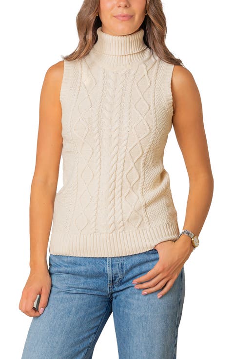 Organic Sleeveless Cable Knit Turtleneck Sweater