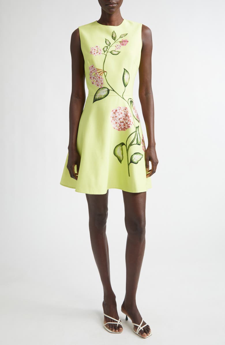 Oscar de la Renta Porcelain Flowers Wool Blend Stretch Crepe Fit & Flare Minidress, Main, color, Pink/ Pear