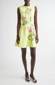 Oscar de la Renta Porcelain Flowers Wool Blend Stretch Crepe Fit & Flare Minidress