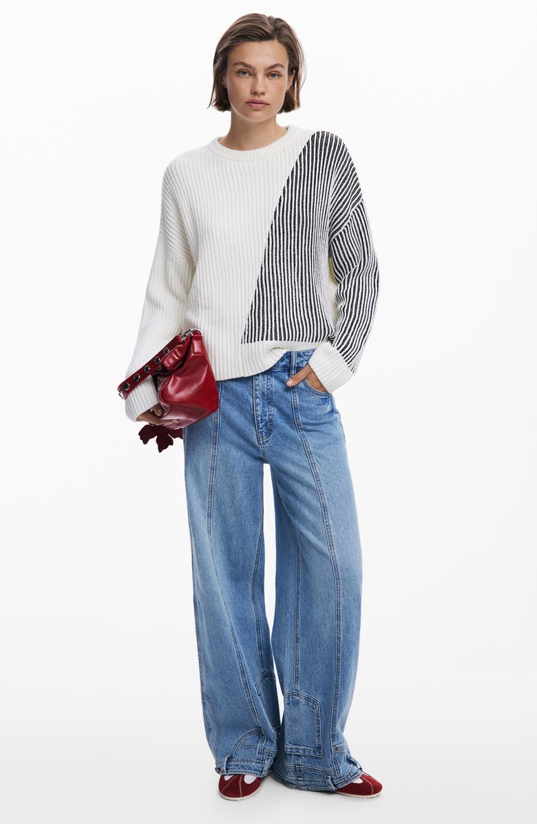 Desigual Stripe Crewneck Cotton Blend Sweater, Alternate, color, Off White