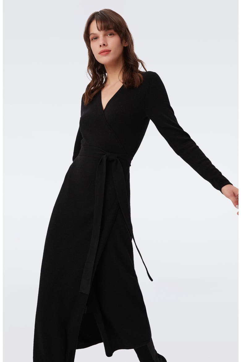 Astrid Long Sleeve Wool & Cashmere Wrap Sweater Dress, Alternate, color, BLACK
