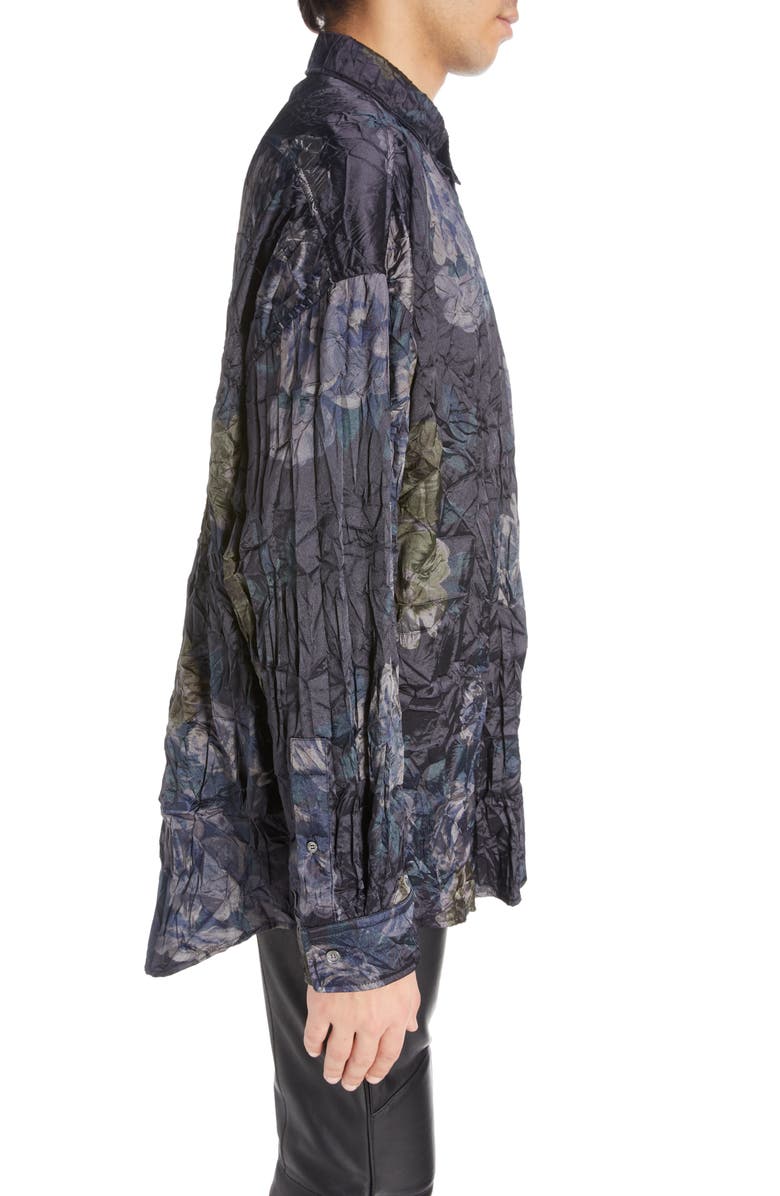 Acne Studios Floral Print Crinkled Satin Button-Up Shirt, Alternate, color,