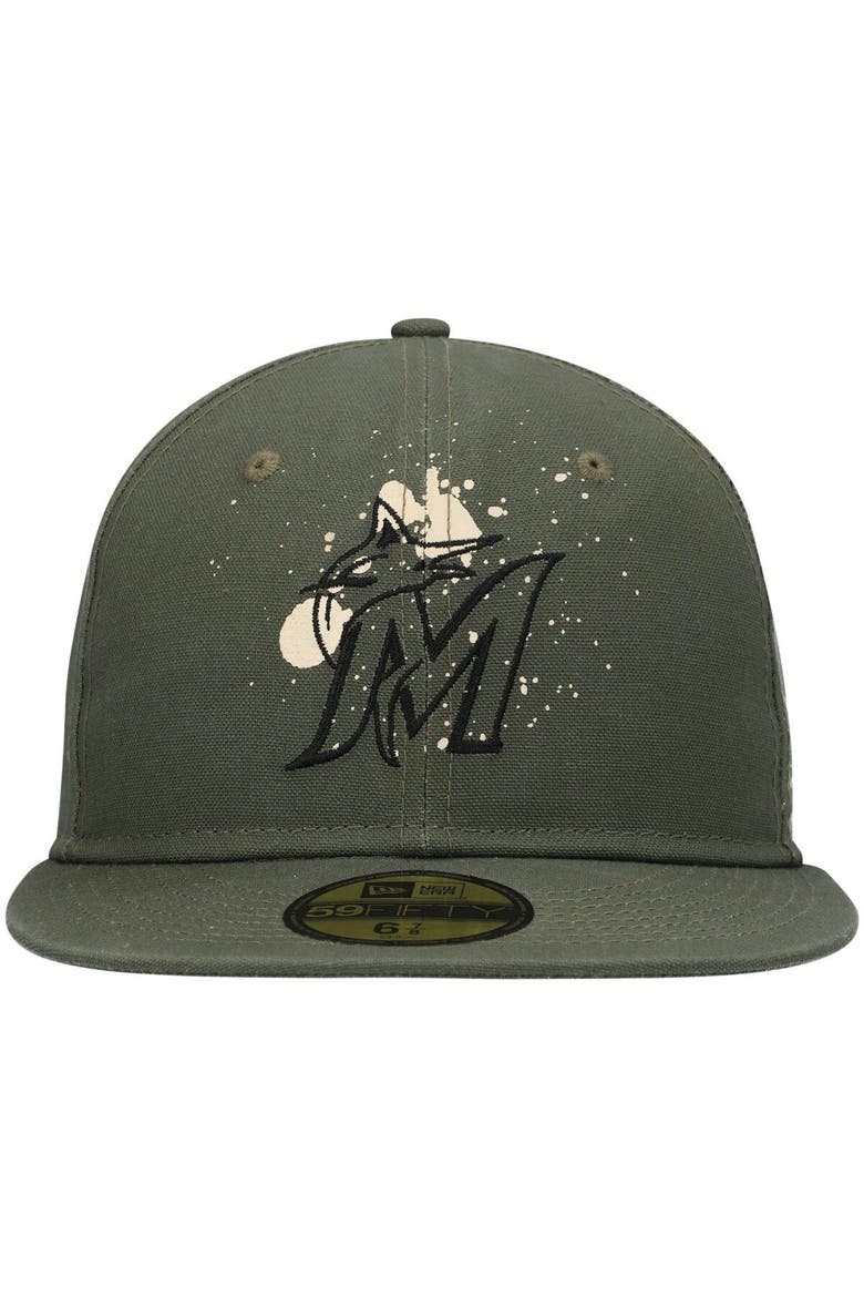 Men's New Era Olive Miami Marlins Splatter 59FIFTY Fitted Hat, Alternate, color, Olive
