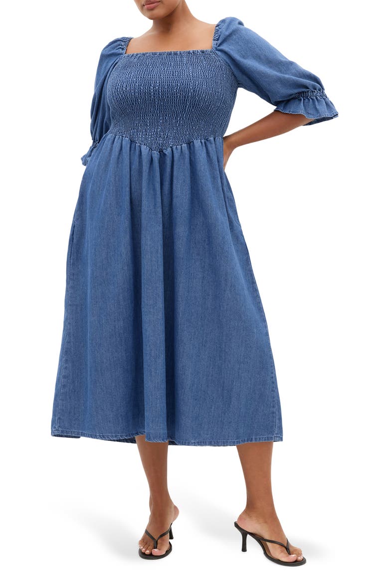 Kaitlyn Smocked Denim Dress, Main, color, MID WASH