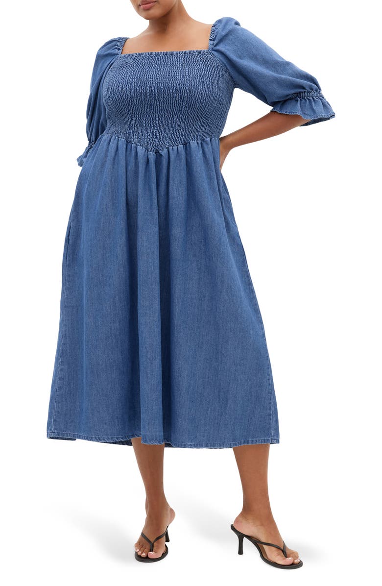 City Chic Kaitlyn Smocked Denim Dress, Main, color, Mid Wash