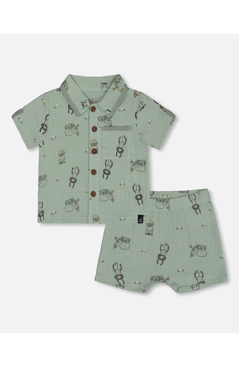 Deux par Deux Baby Boy's Printed Muslin Shirt And Short Set Sage Monkey, Main, color, 
