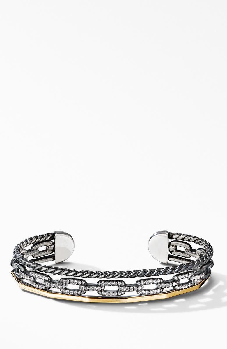 David Yurman Stax Three-Row Cuff Bracelet in Blackened Silver with Diamonds, Main, color, 