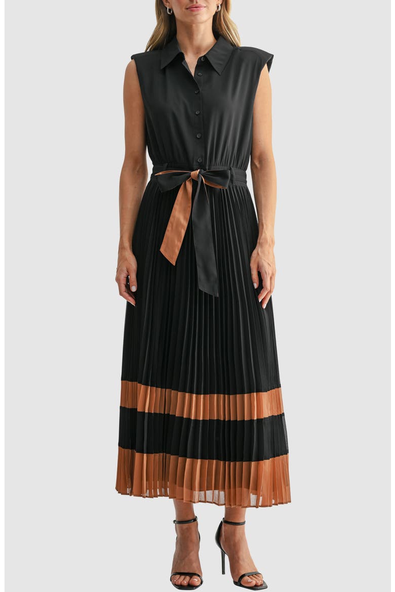 Pleated Cap Sleeve Button-Up Shirtdress, Main, color, BLACK CAMEL