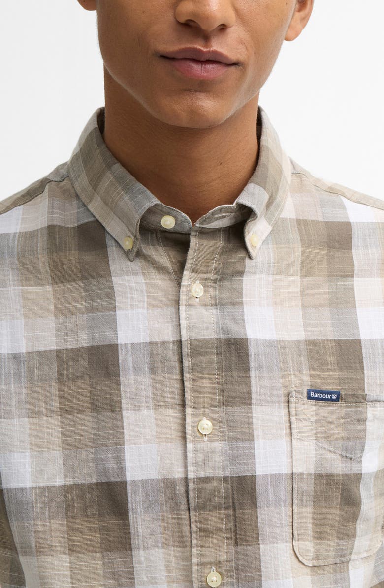 Barbour Hillroad Tailored Fit Buffalo Check Slub Cotton Button-Down Shirt, Alternate, color, Stone