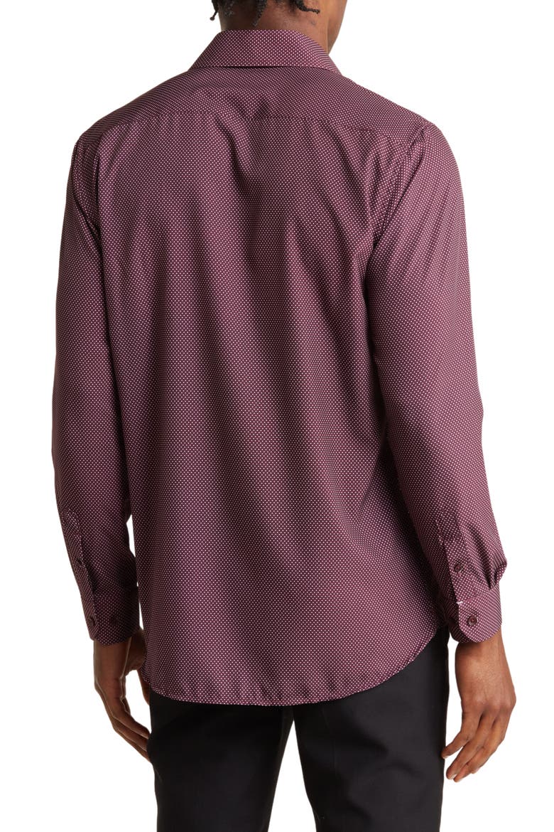 Slim Fit Dot Print Performance Button-Up Shirt, Alternate, color, BURGUNDY