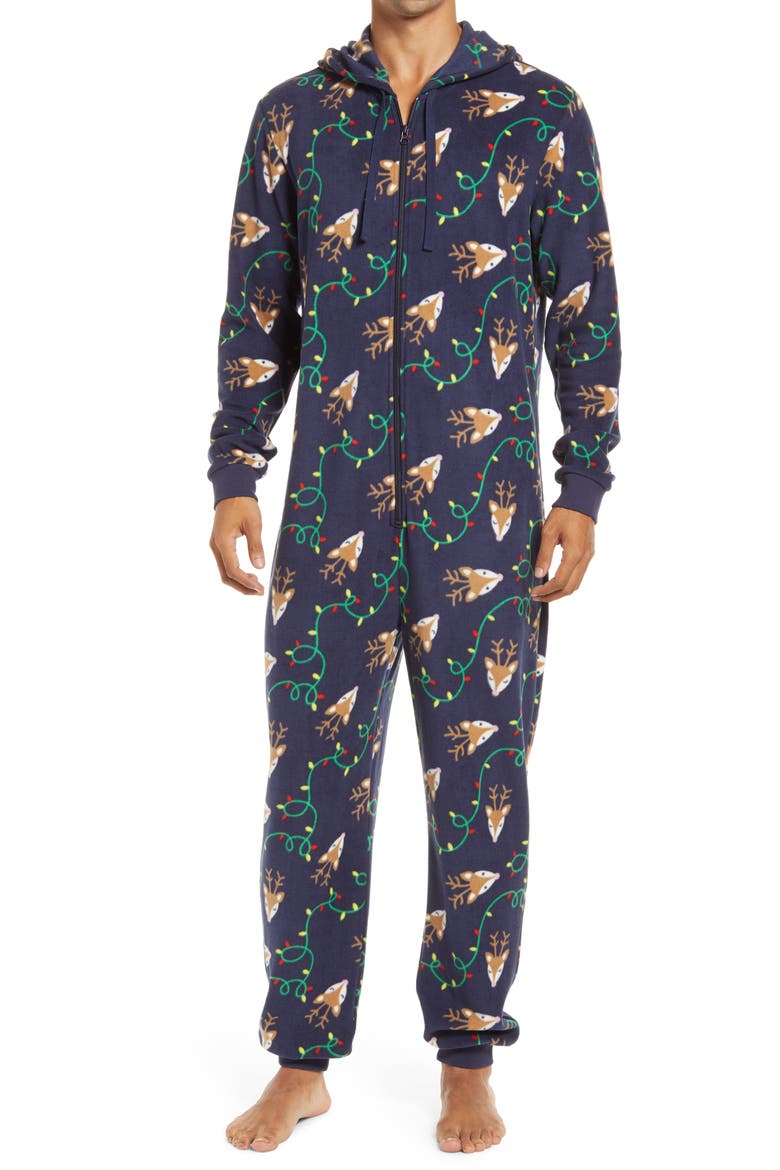 Fam Jam Microfleece Hooded Jumpsuit Pajamas, Main, color, NAVY PEACOAT REINDEER