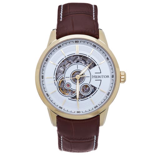 Heritor Automatic Davies Semi-Skeleton Leather-Band Watch in Gold/brown at Nordstrom