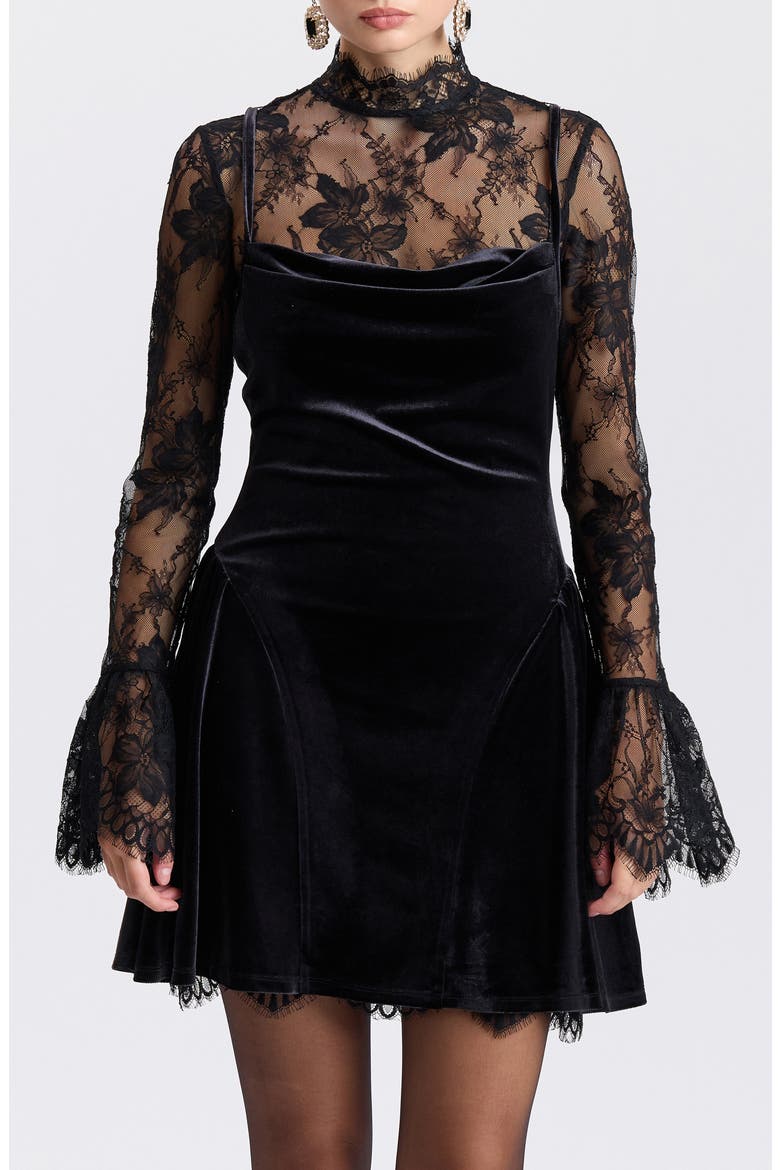Twofer Long Sleeve Lace & Velvet Dress, Alternate, color, BLACK