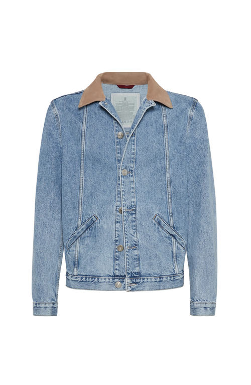 Brunello Cucinelli Slim-fit Suede-trimmed Denim Jacket In Blue