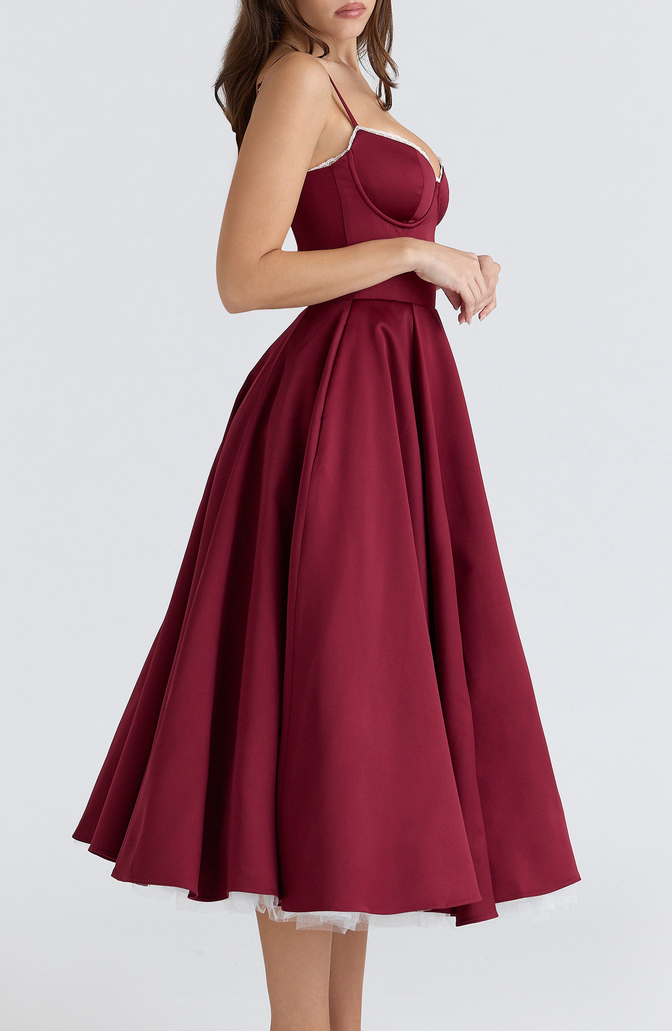 mademoiselle bustier stretch satin midi cocktail dress House OF CB Mademoiselle Floral-Print Midi Dress