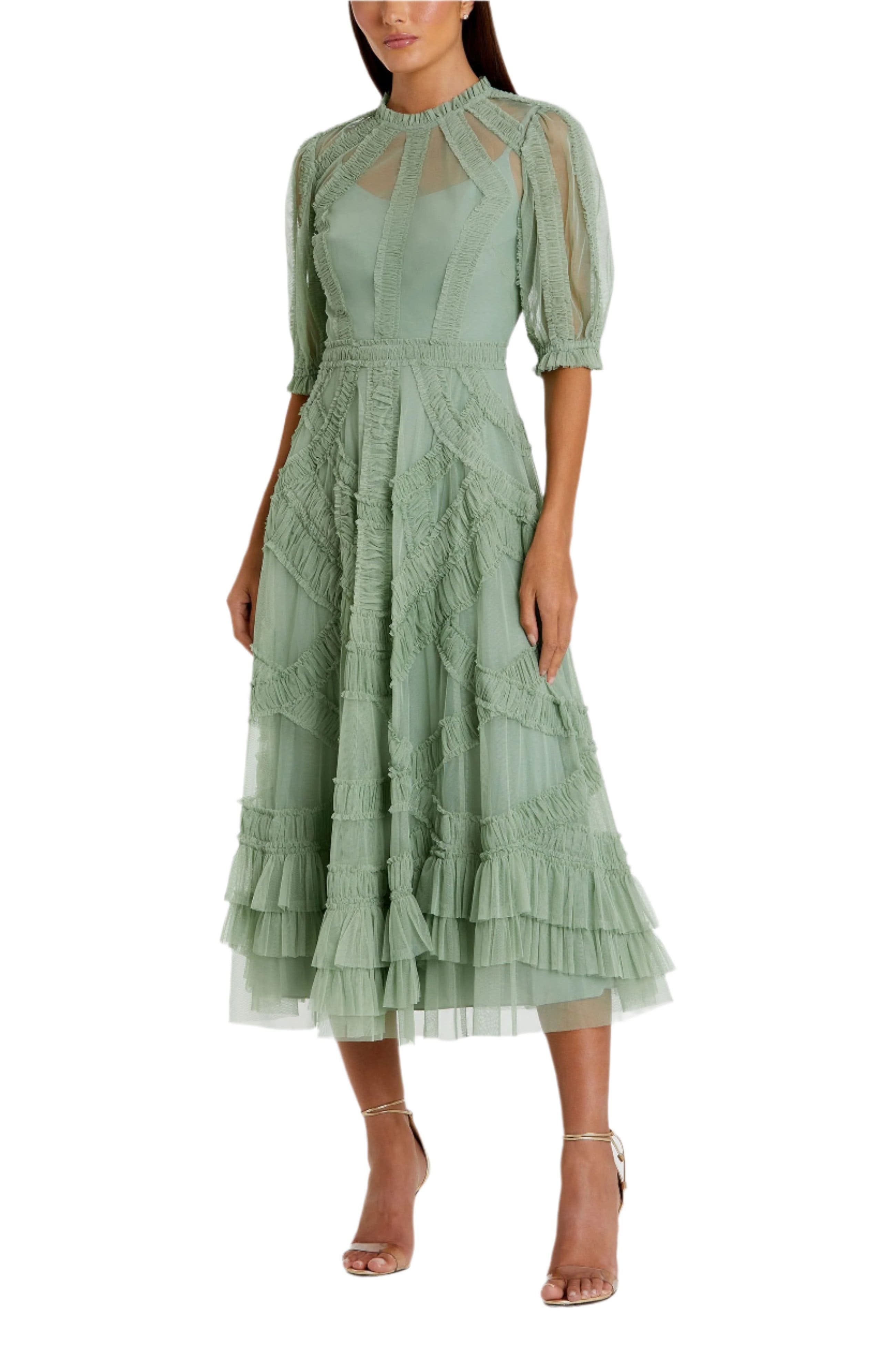 Women's Illusion High Neck Tiered Ruffle A-Line Midi Dress