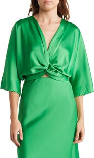 Renee C Plunge Neck Long Sleeve Twisted Knot Satin Top