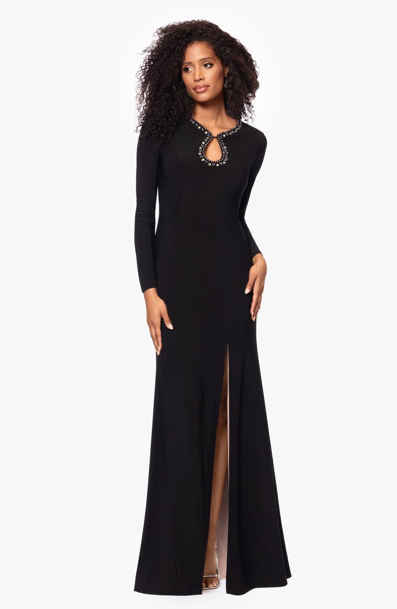 Xscape Evenings Beaded Keyhole Neck Long Sleeve Body-Con Gown, Alternate, color, 