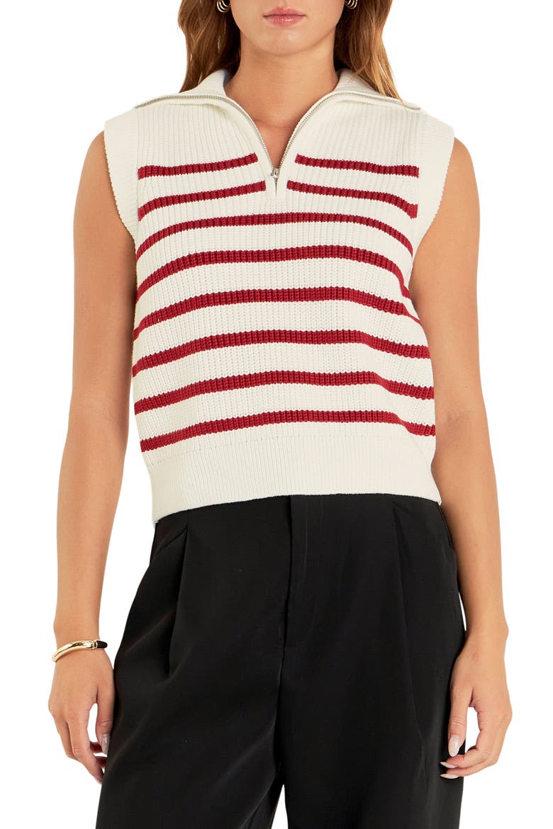Stripe Sleeveless Quarter Zip Sweater, Main, color, WHITE/ BURGUNDY