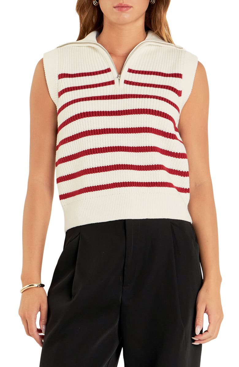 English Factory Stripe Sleeveless Quarter Zip Sweater, Main, color, White/ Burgundy