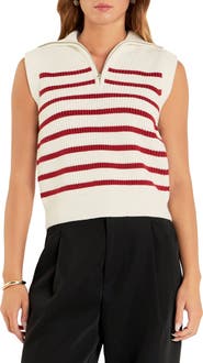 English Factory Stripe Sleeveless Quarter Zip Sweater