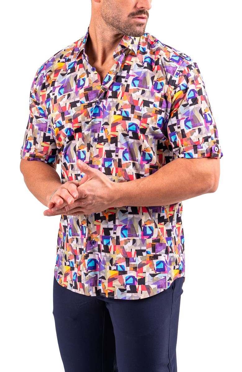 Maceoo Galileo Resistance Abstract Print Short Sleeve Button-Up Shirt, Alternate, color, White