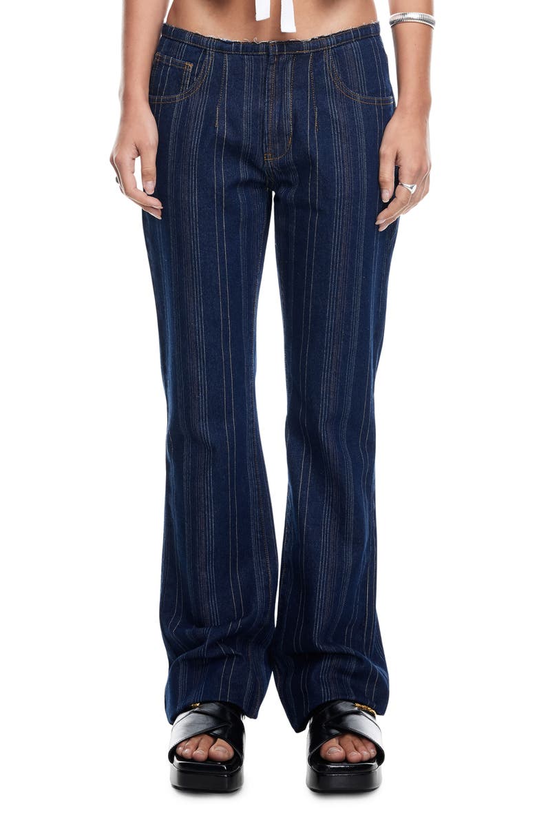 LIONESS Charismatic Dipped Low Rise Flare Jeans, Main, color, Dark Denim Stripe
