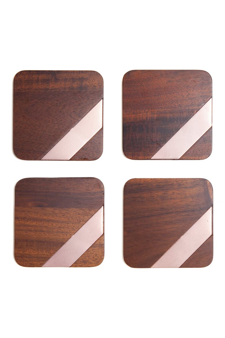 Set of 4 Wood & Copper Coasters, Main, color, BROWN