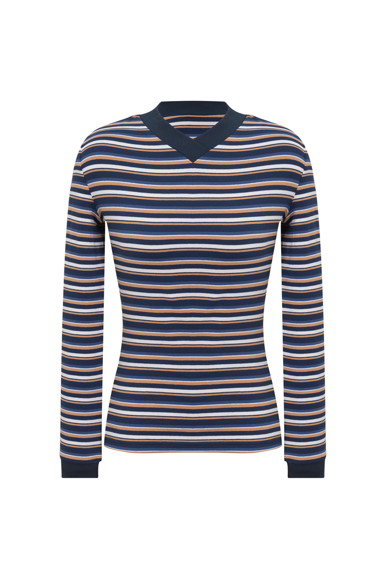 Striped V-Neck Contrast Long Sleeve Tee, Main, color, Dark Denim