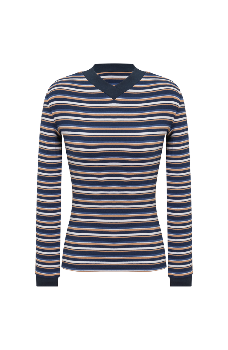 Positive Striped Overlap V-Neck Contrast Cuff Top, Main, color, Dark Denim