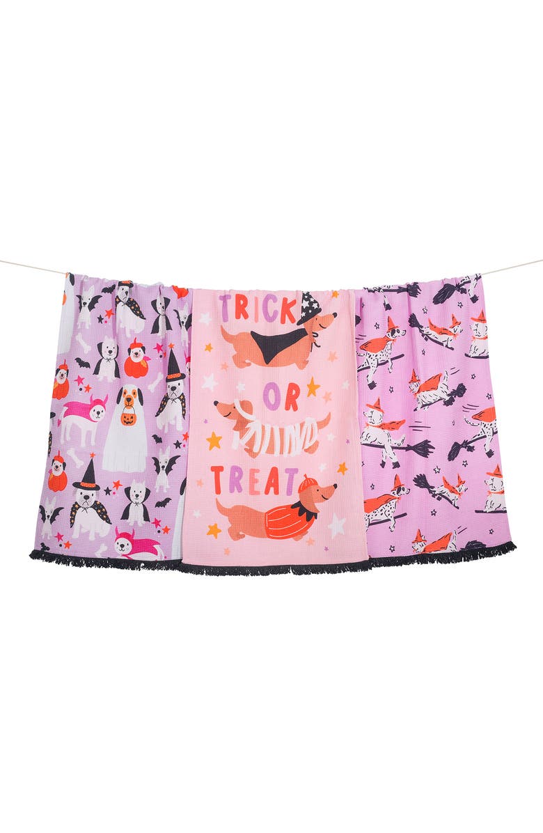 Tiramisu Trick or Treat Set of 3 Kitchen Towels, Main, color, Lavender/ Pink/ Orange