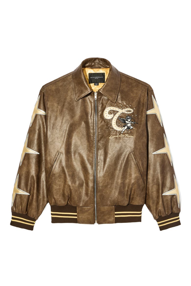 Legends Embroidered Faux Leather Varsity Jacket, Alternate, color, BROWN